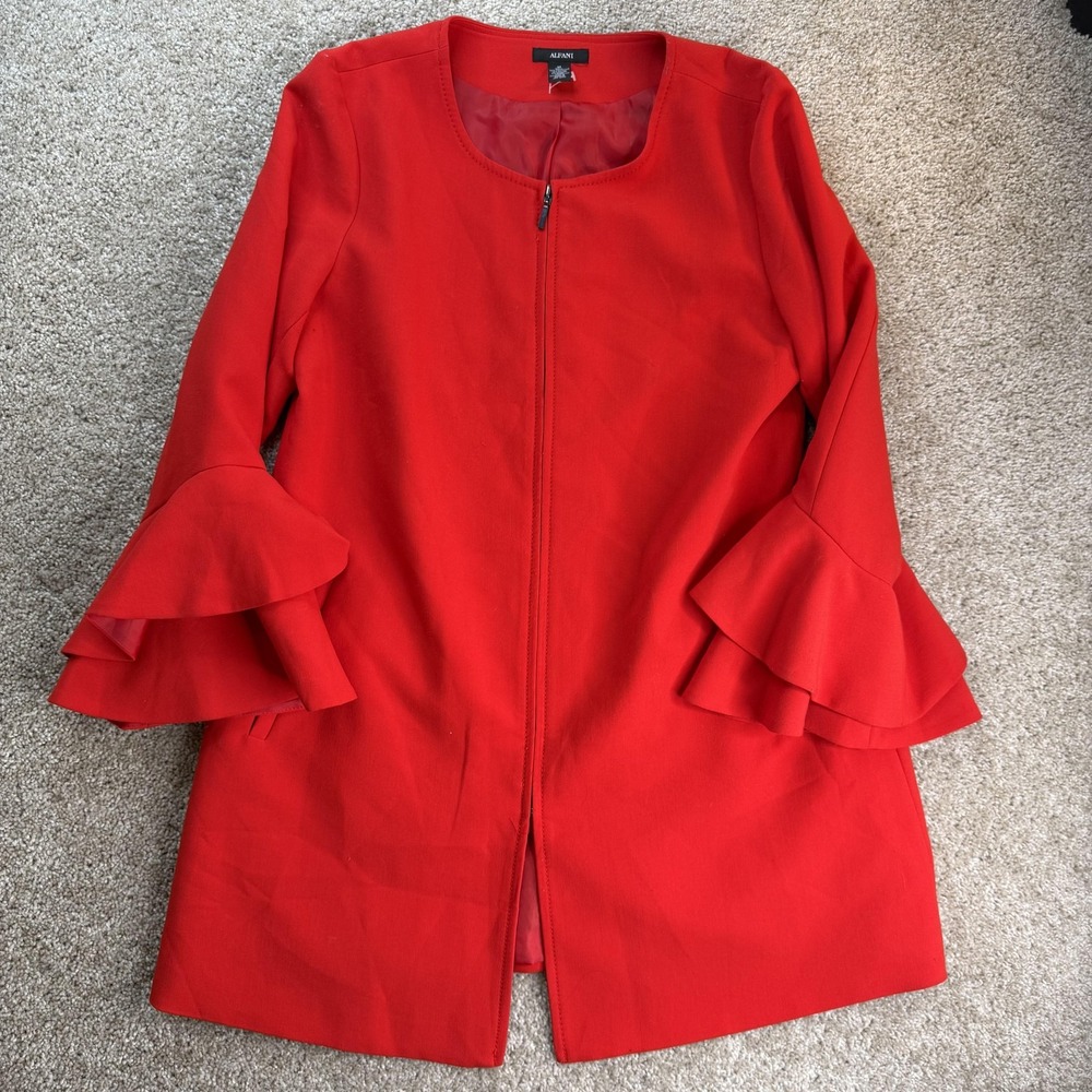 Alfani Coat Womens Medium Red Ruffle Sleeve Zip Front Lined Mid Length Overcoat